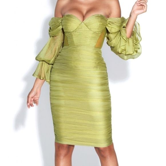 🔥Sirene Olive Silk Pleated Off Shoulder Dress - Picture 2 of 9